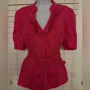 Guess Pink Puff Sleeve Ruffled Blouse
